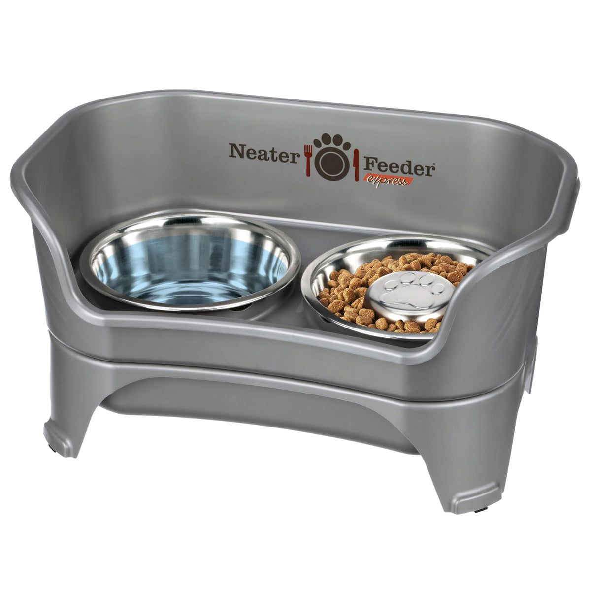 Neater Feeder Express Mess Proof Dog Bowls Elevated for Small Breeds Under 15 Lb, Made in USA, No Spill Raised Dog Food Bowl Stand, Stainless Steel Food and Water Bowl Set, Feeding Station, Grey