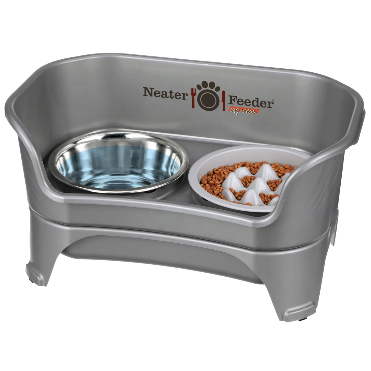 Neater Feeder Express Mess Proof Dog Bowls Elevated for Small Breeds Under 15 Lb, Made in USA, No Spill Raised Dog Food Bowl Stand, Stainless Steel Food and Water Bowl Set, Feeding Station, Grey