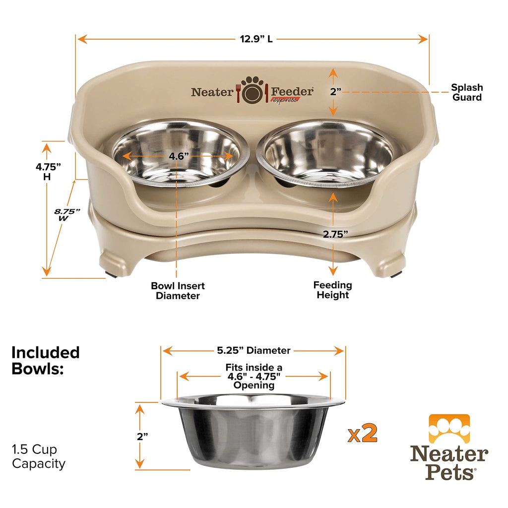 Neater Feeder Express Mess Proof Dog Bowls Elevated for Small Breeds Under 15 Lb, Made in USA, No Spill Raised Dog Food Bowl Stand, Stainless Steel Food and Water Bowl Set, Feeding Station, Grey