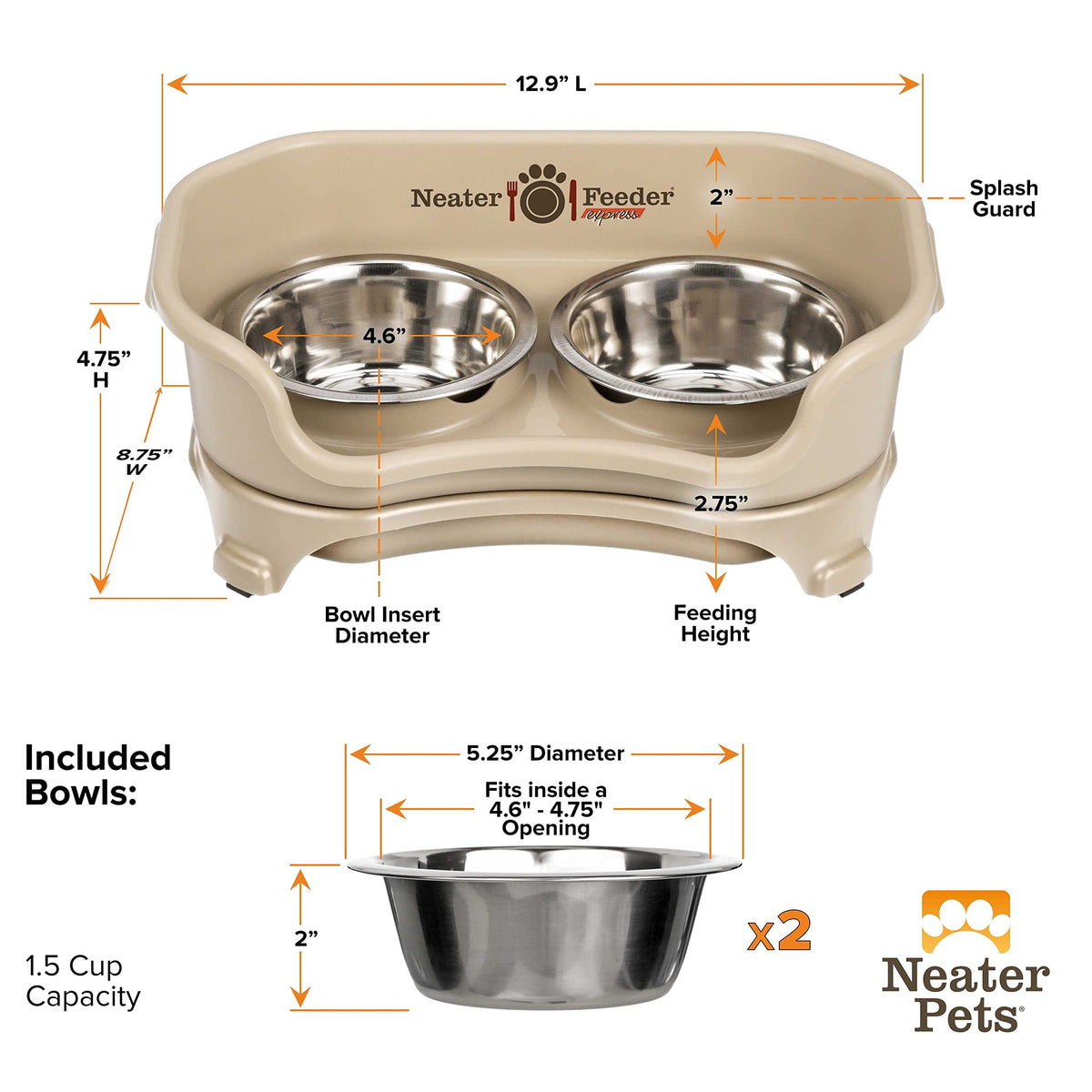 Neater Feeder Express Mess Proof Dog Bowls Elevated for Small Breeds Under 15 Lb, Made in USA, No Spill Raised Dog Food Bowl Stand, Stainless Steel Food and Water Bowl Set, Feeding Station, Grey