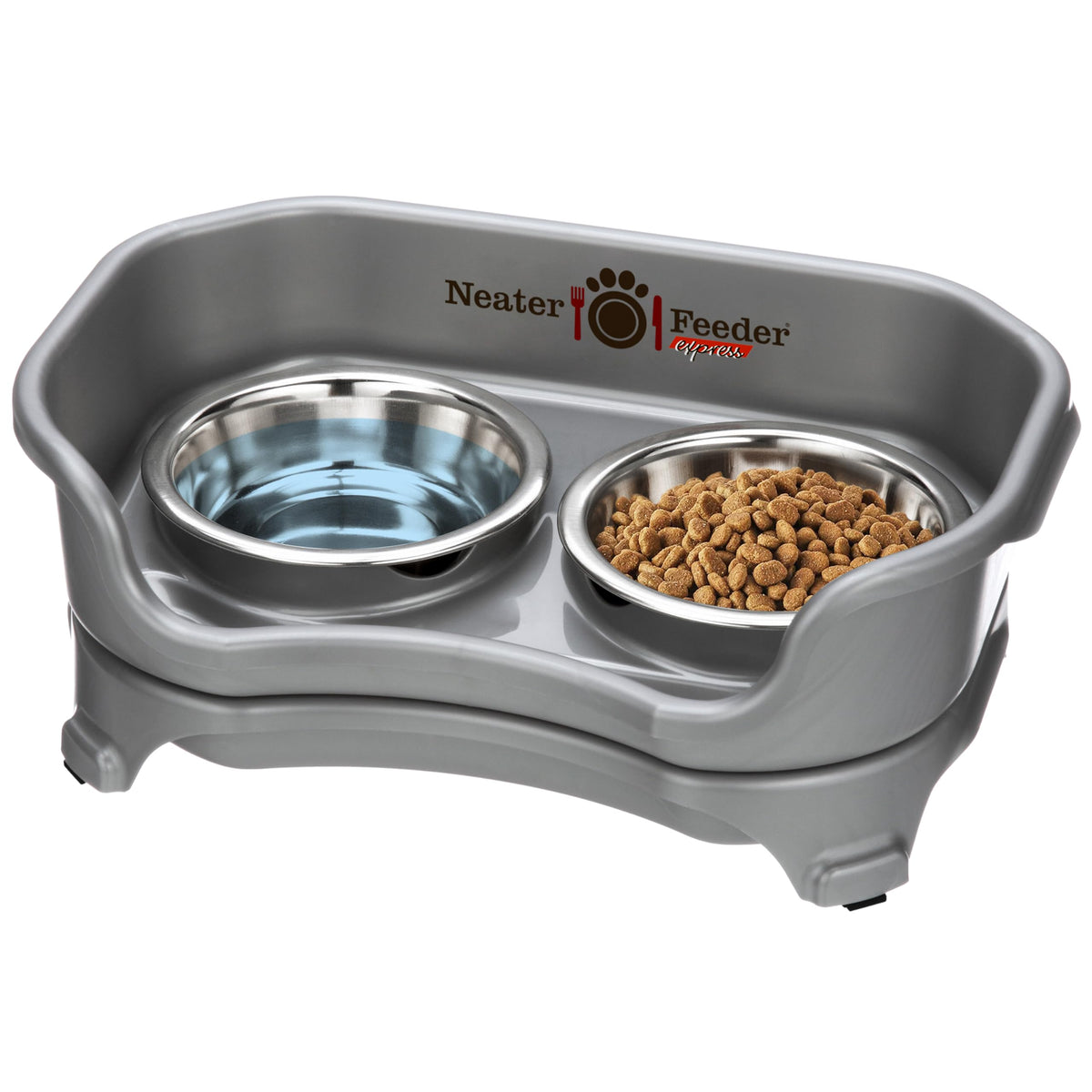 Neater Feeder Express Mess Proof Dog Bowls Elevated for Small Breeds Under 15 Lb, Made in USA, No Spill Raised Dog Food Bowl Stand, Stainless Steel Food and Water Bowl Set, Feeding Station, Grey