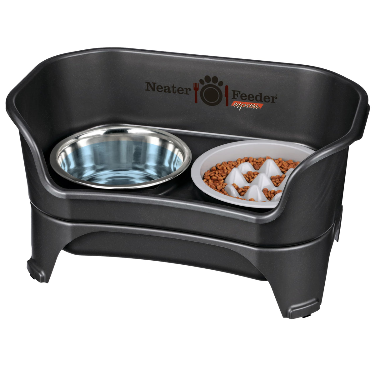 Neater Feeder Express Mess Proof Dog Bowls Elevated for Small Breeds Under 15 Lb, Made in USA, No Spill Raised Dog Food Bowl Stand, Stainless Steel Food and Water Bowl Set, Feeding Station, Grey