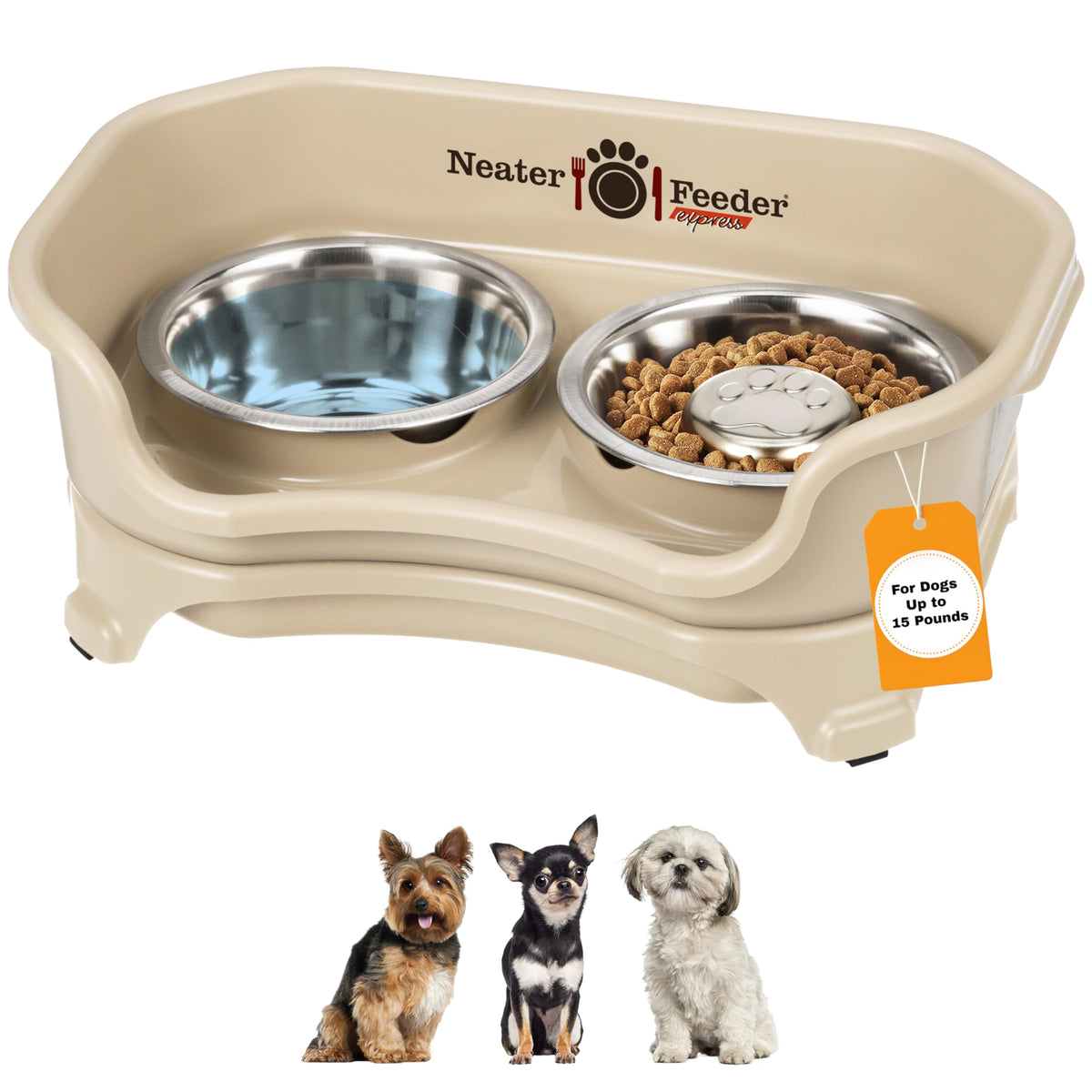 Neater Feeder Express Mess Proof Dog Bowls Elevated for Small Breeds Under 15 Lb, Made in USA, No Spill Raised Dog Food Bowl Stand, Stainless Steel Food and Water Bowl Set, Feeding Station, Grey