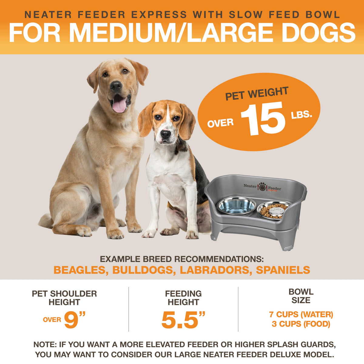 Neater Feeder Express Mess Proof Dog Bowls Elevated for Small Breeds Under 15 Lb, Made in USA, No Spill Raised Dog Food Bowl Stand, Stainless Steel Food and Water Bowl Set, Feeding Station, Grey
