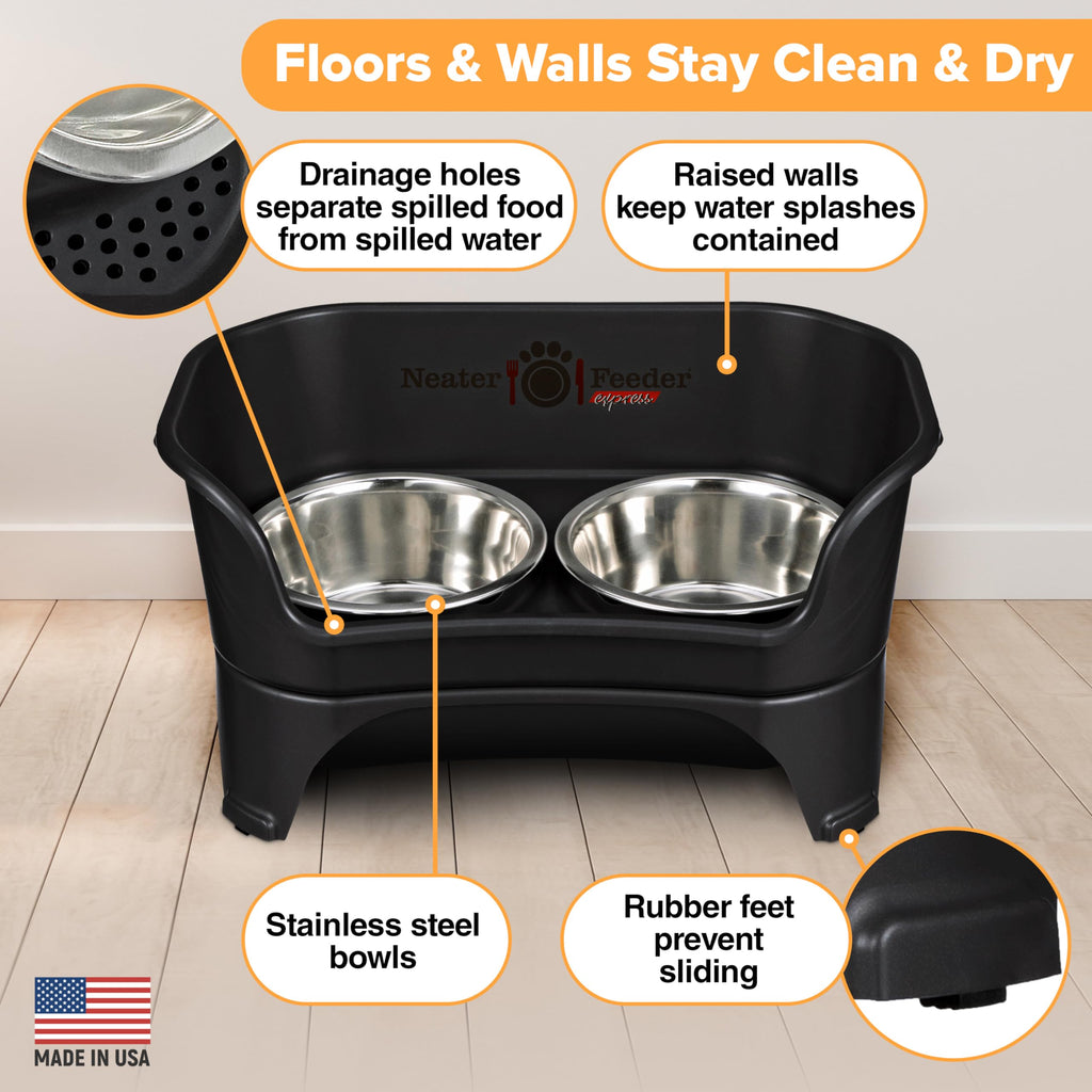 Neater Feeder Express Mess Proof Dog Bowls Elevated for Small Breeds Under 15 Lb, Made in USA, No Spill Raised Dog Food Bowl Stand, Stainless Steel Food and Water Bowl Set, Feeding Station, Grey