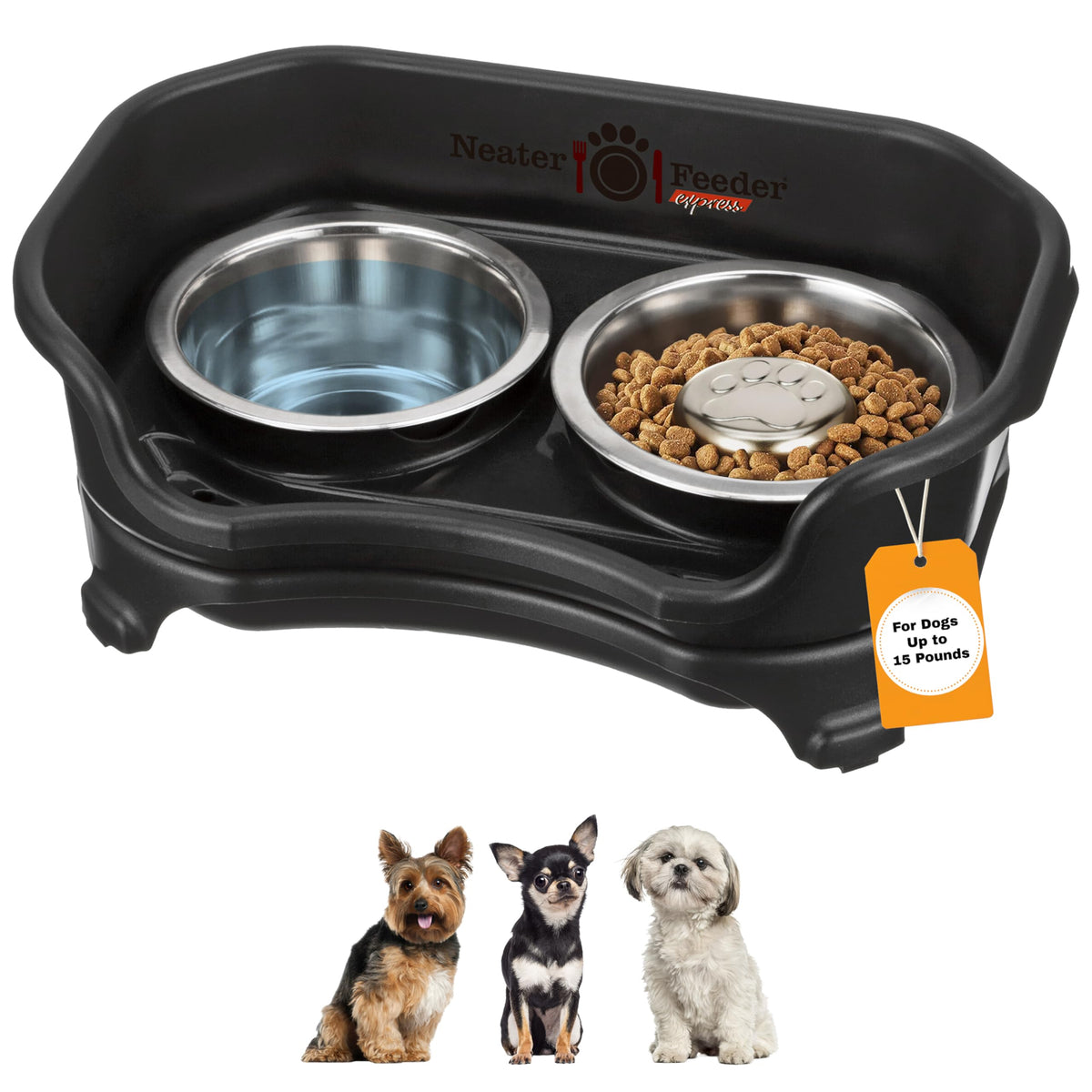 Neater Feeder Express Mess Proof Dog Bowls Elevated for Small Breeds Under 15 Lb, Made in USA, No Spill Raised Dog Food Bowl Stand, Stainless Steel Food and Water Bowl Set, Feeding Station, Grey