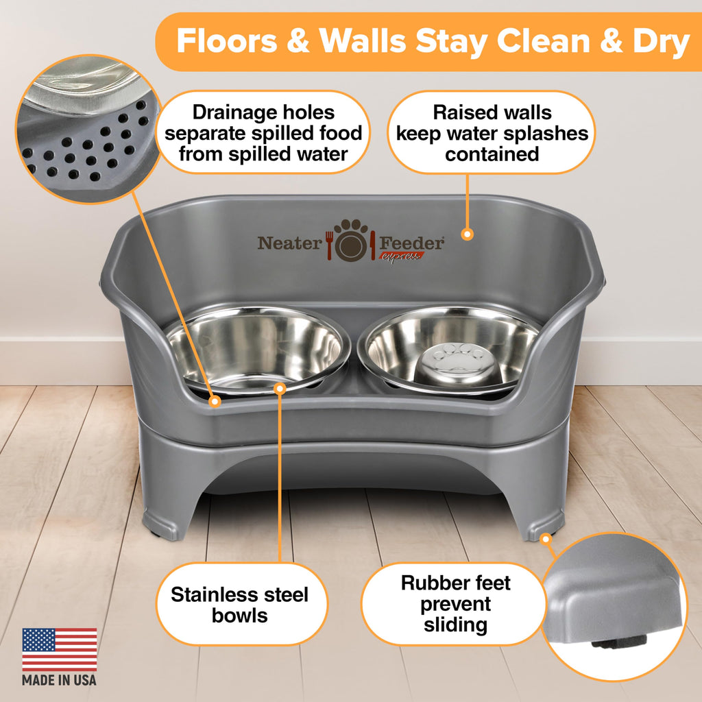 Neater Feeder Express Mess Proof Dog Bowls Elevated for Small Breeds Under 15 Lb, Made in USA, No Spill Raised Dog Food Bowl Stand, Stainless Steel Food and Water Bowl Set, Feeding Station, Grey
