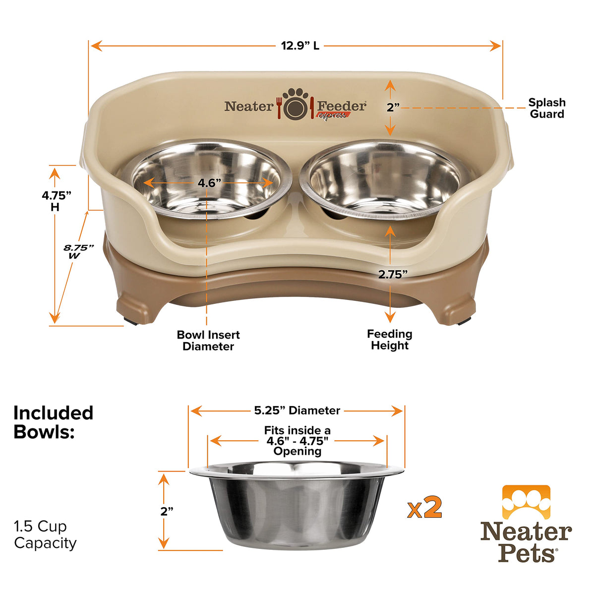 Neater Feeder Express Mess Proof Dog Bowls Elevated for Small Breeds Under 15 Lb, Made in USA, No Spill Raised Dog Food Bowl Stand, Stainless Steel Food and Water Bowl Set, Feeding Station, Grey