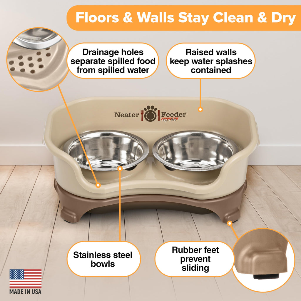 Neater Feeder Express Mess Proof Dog Bowls Elevated for Small Breeds Under 15 Lb, Made in USA, No Spill Raised Dog Food Bowl Stand, Stainless Steel Food and Water Bowl Set, Feeding Station, Grey