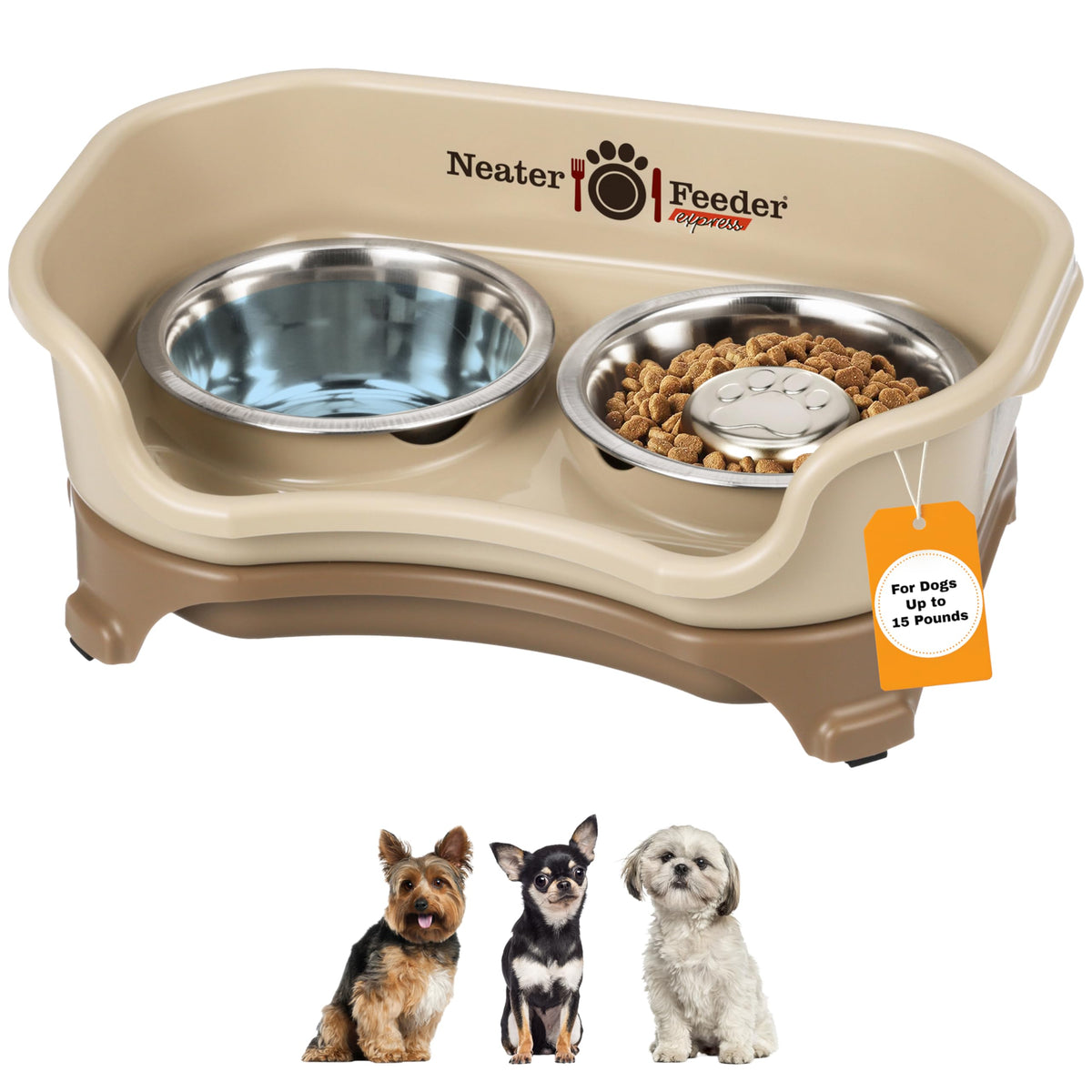 Neater Feeder Express Mess Proof Dog Bowls Elevated for Small Breeds Under 15 Lb, Made in USA, No Spill Raised Dog Food Bowl Stand, Stainless Steel Food and Water Bowl Set, Feeding Station, Grey