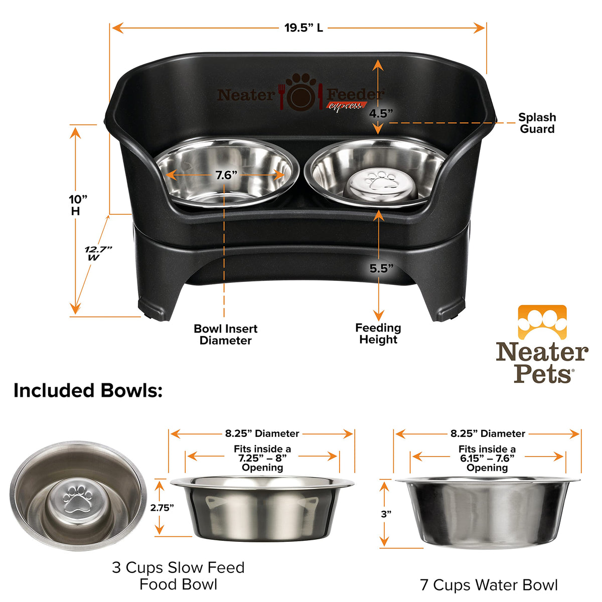 Neater Feeder Express Mess Proof Dog Bowls Elevated for Small Breeds Under 15 Lb, Made in USA, No Spill Raised Dog Food Bowl Stand, Stainless Steel Food and Water Bowl Set, Feeding Station, Grey