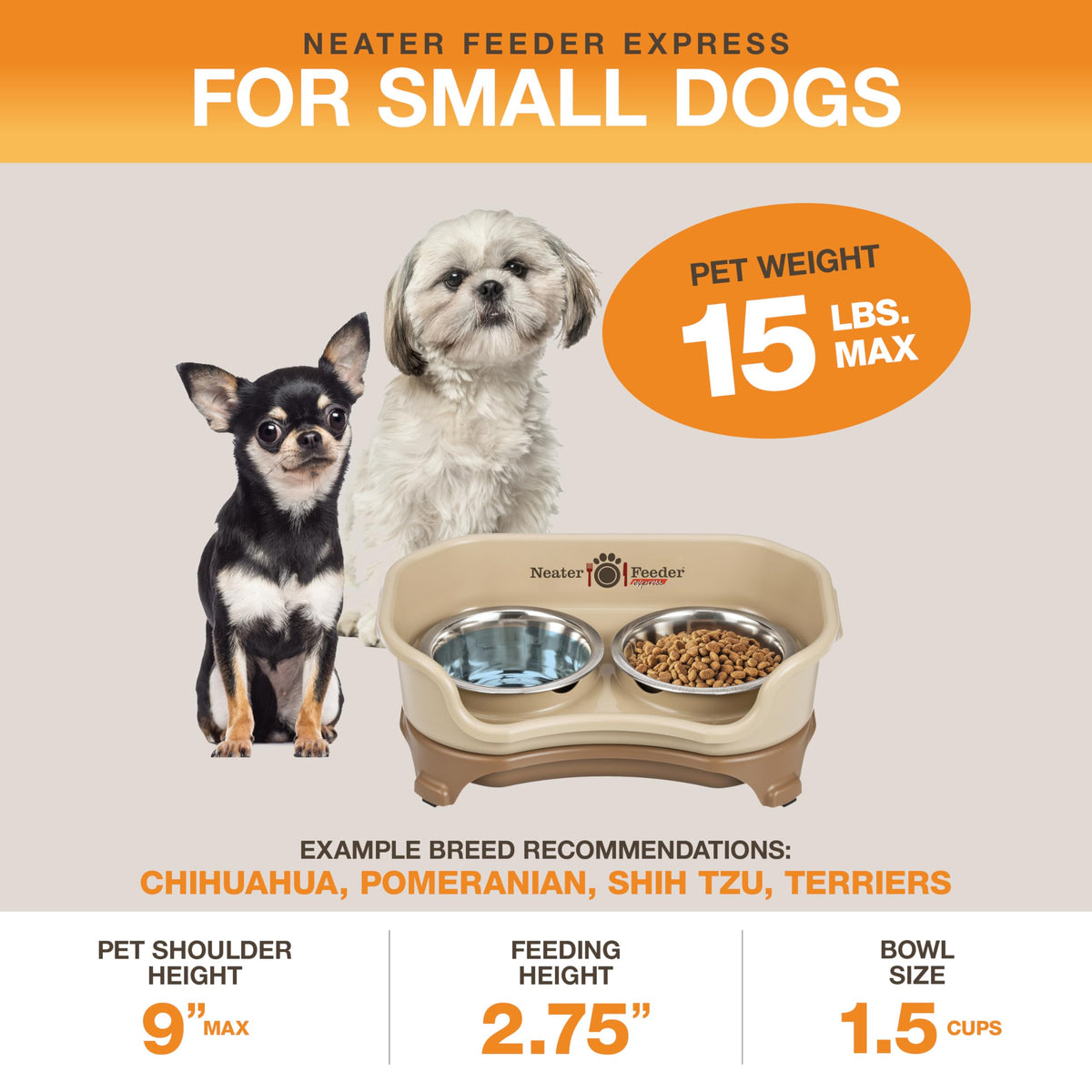 Neater Feeder Express Mess Proof Dog Bowls Elevated for Small Breeds Under 15 Lb, Made in USA, No Spill Raised Dog Food Bowl Stand, Stainless Steel Food and Water Bowl Set, Feeding Station, Grey