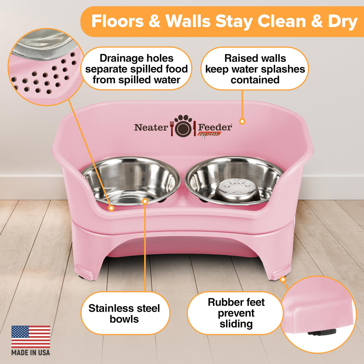 Neater Feeder Express Mess Proof Dog Bowls Elevated for Small Breeds Under 15 Lb, Made in USA, No Spill Raised Dog Food Bowl Stand, Stainless Steel Food and Water Bowl Set, Feeding Station, Grey