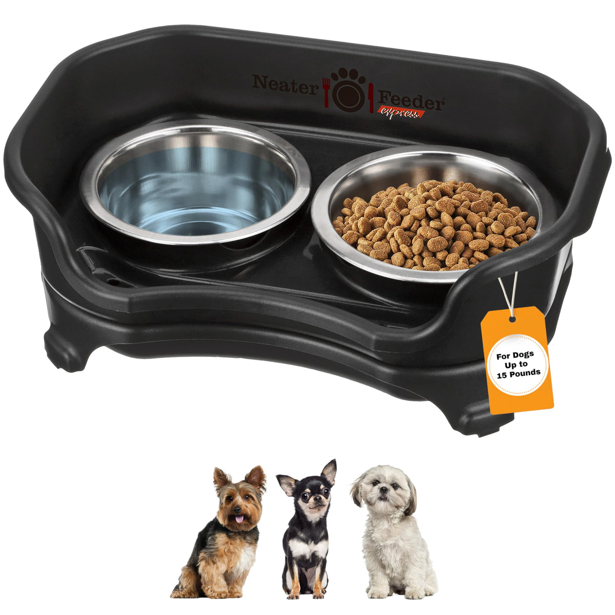Neater Feeder Express Mess Proof Dog Bowls Elevated for Small Breeds Under 15 Lb, Made in USA, No Spill Raised Dog Food Bowl Stand, Stainless Steel Food and Water Bowl Set, Feeding Station, Grey