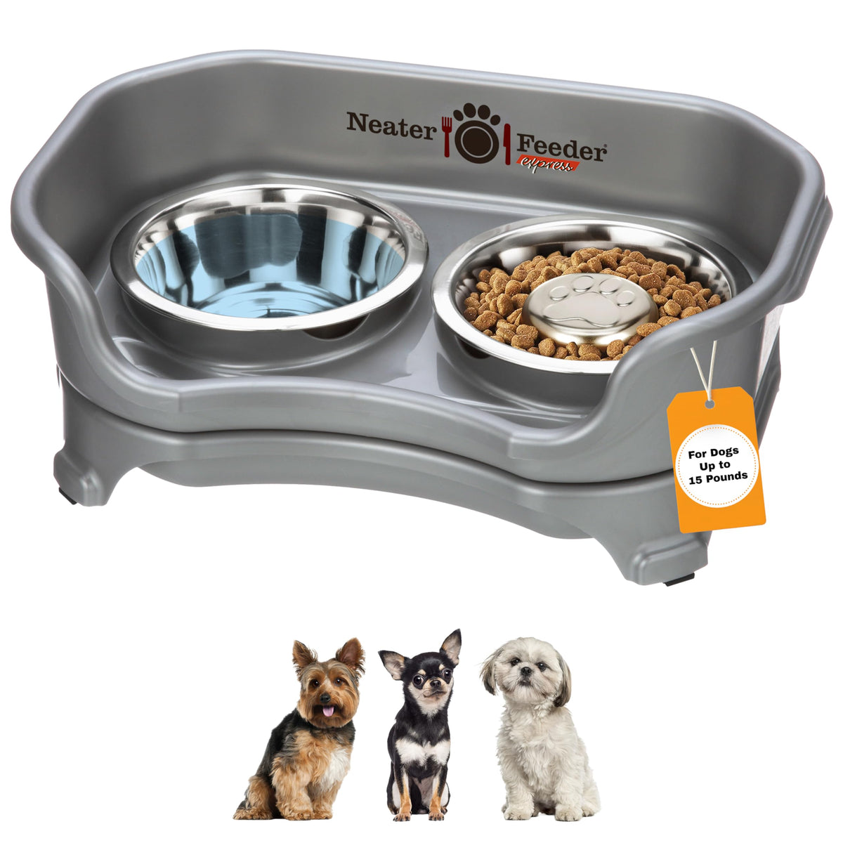 Neater Feeder Express Mess Proof Dog Bowls Elevated for Small Breeds Under 15 Lb, Made in USA, No Spill Raised Dog Food Bowl Stand, Stainless Steel Food and Water Bowl Set, Feeding Station, Grey