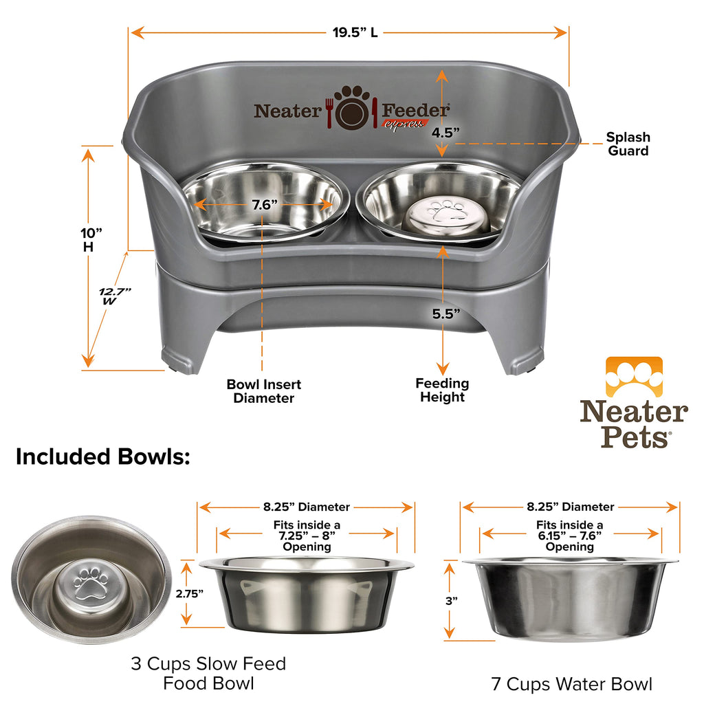 Neater Feeder Express Mess Proof Dog Bowls Elevated for Small Breeds Under 15 Lb, Made in USA, No Spill Raised Dog Food Bowl Stand, Stainless Steel Food and Water Bowl Set, Feeding Station, Grey