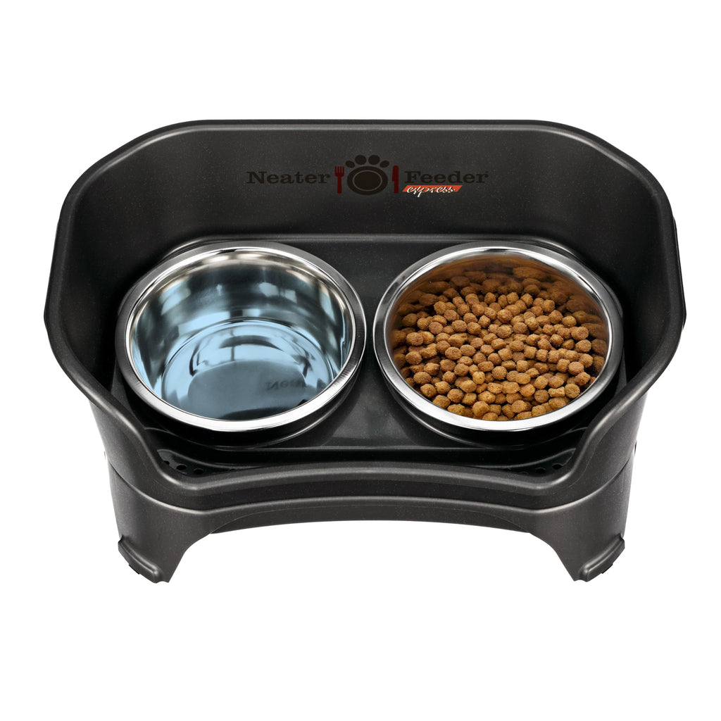 Neater Feeder Express Mess Proof Dog Bowls Elevated for Small Breeds Under 15 Lb, Made in USA, No Spill Raised Dog Food Bowl Stand, Stainless Steel Food and Water Bowl Set, Feeding Station, Grey