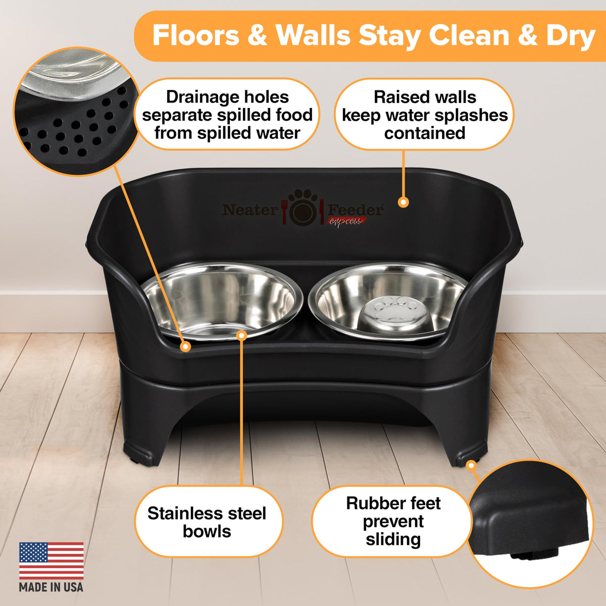 Neater Feeder Express Mess Proof Dog Bowls Elevated for Small Breeds Under 15 Lb, Made in USA, No Spill Raised Dog Food Bowl Stand, Stainless Steel Food and Water Bowl Set, Feeding Station, Grey