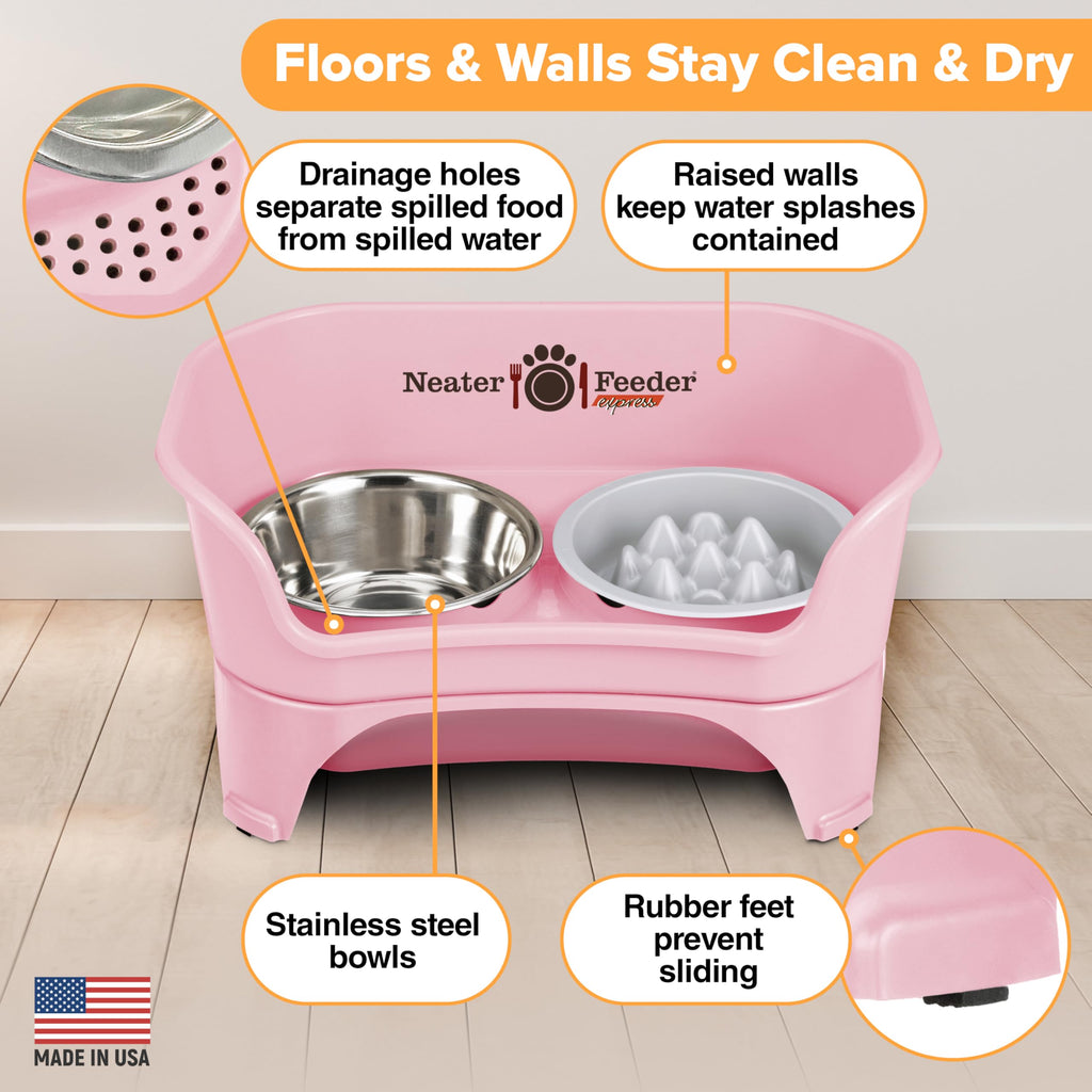 Neater Feeder Express Mess Proof Dog Bowls Elevated for Small Breeds Under 15 Lb, Made in USA, No Spill Raised Dog Food Bowl Stand, Stainless Steel Food and Water Bowl Set, Feeding Station, Grey