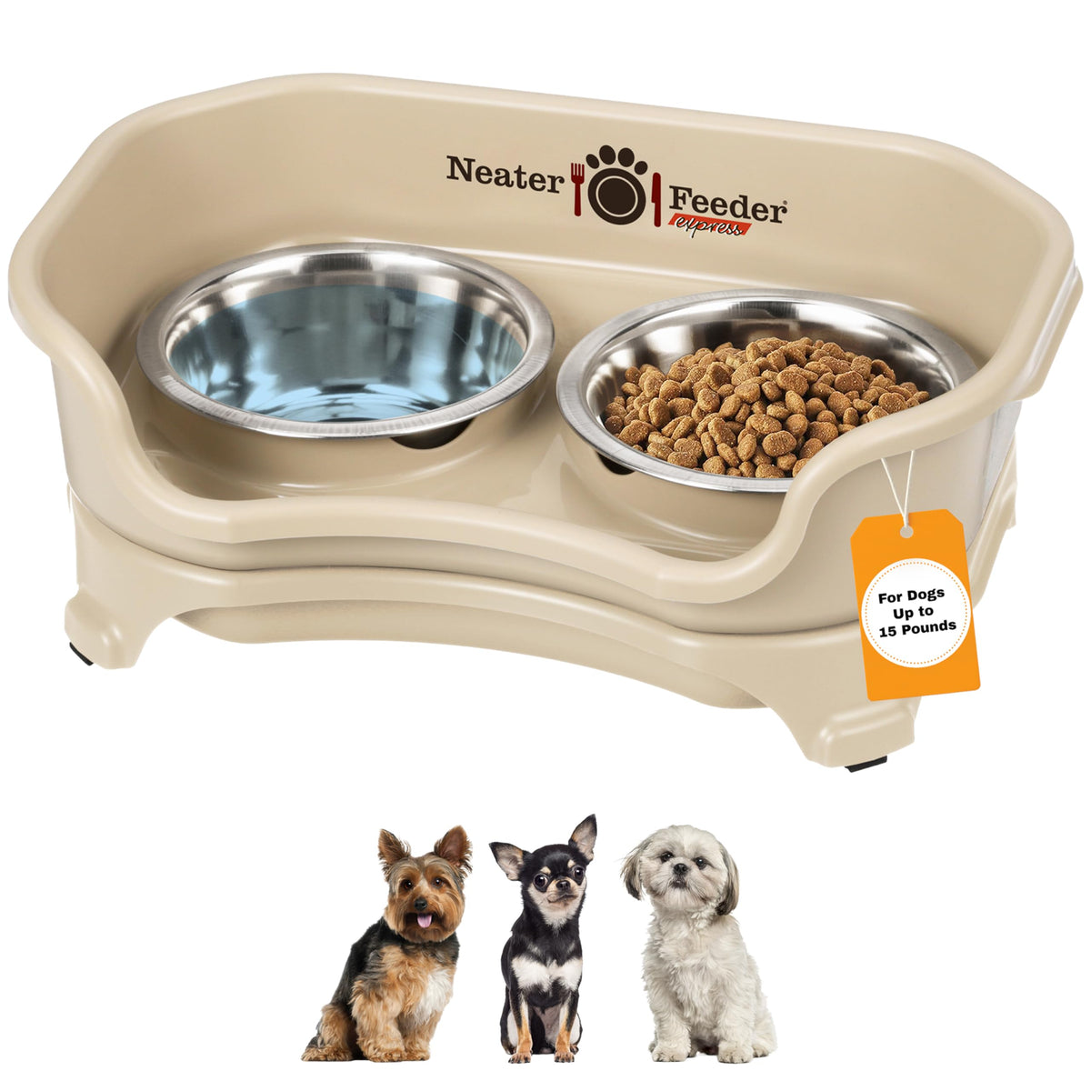 Neater Feeder Express Mess Proof Dog Bowls Elevated for Small Breeds Under 15 Lb, Made in USA, No Spill Raised Dog Food Bowl Stand, Stainless Steel Food and Water Bowl Set, Feeding Station, Grey