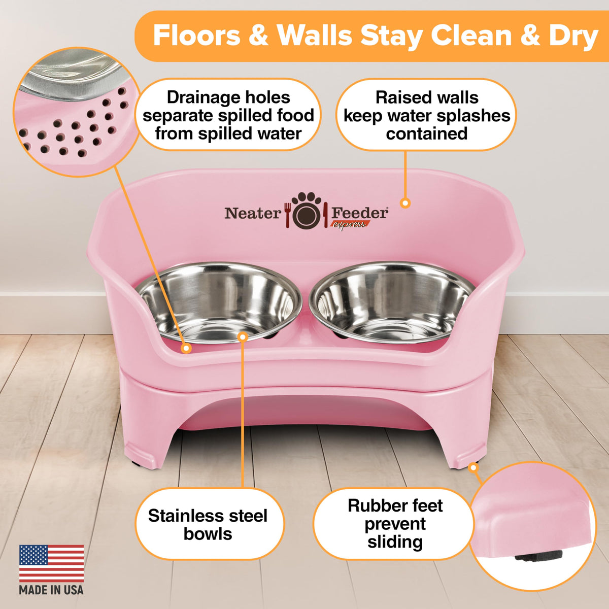 Neater Feeder Express Mess Proof Dog Bowls Elevated for Small Breeds Under 15 Lb, Made in USA, No Spill Raised Dog Food Bowl Stand, Stainless Steel Food and Water Bowl Set, Feeding Station, Grey