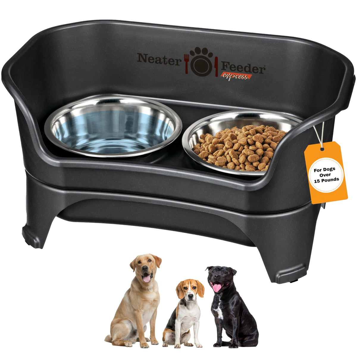 Neater Feeder Express Mess Proof Dog Bowls Elevated for Small Breeds Under 15 Lb, Made in USA, No Spill Raised Dog Food Bowl Stand, Stainless Steel Food and Water Bowl Set, Feeding Station, Grey