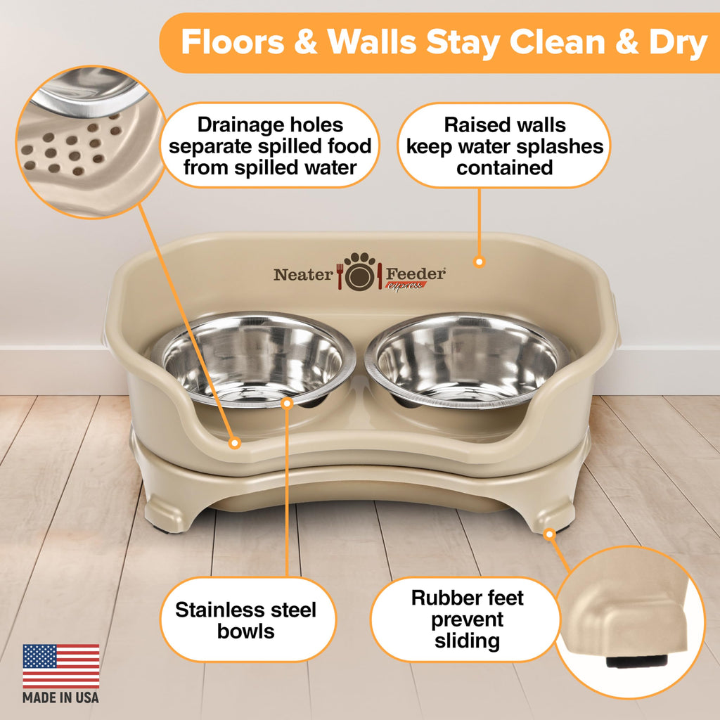 Neater Feeder Express Mess Proof Dog Bowls Elevated for Small Breeds Under 15 Lb, Made in USA, No Spill Raised Dog Food Bowl Stand, Stainless Steel Food and Water Bowl Set, Feeding Station, Grey
