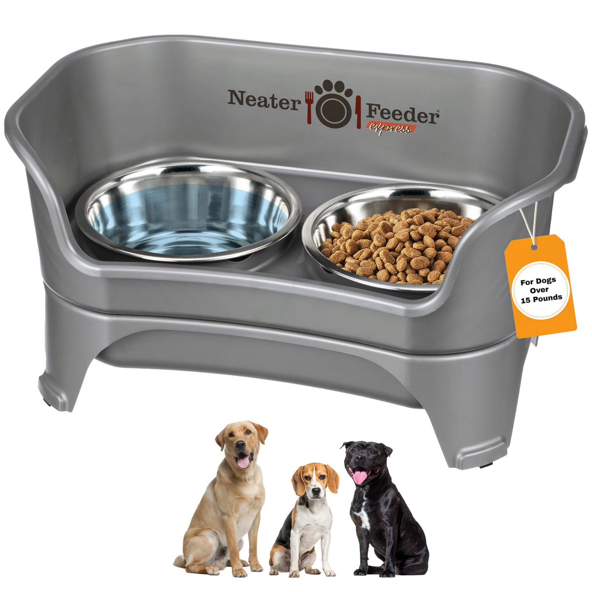 Neater Feeder Express Mess Proof Dog Bowls Elevated for Small Breeds Under 15 Lb, Made in USA, No Spill Raised Dog Food Bowl Stand, Stainless Steel Food and Water Bowl Set, Feeding Station, Grey