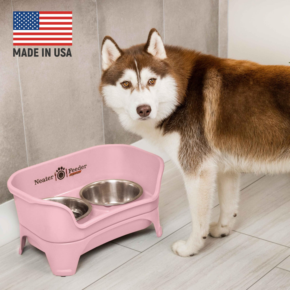 Neater Feeder Express Mess Proof Dog Bowls Elevated for Small Breeds Under 15 Lb, Made in USA, No Spill Raised Dog Food Bowl Stand, Stainless Steel Food and Water Bowl Set, Feeding Station, Grey